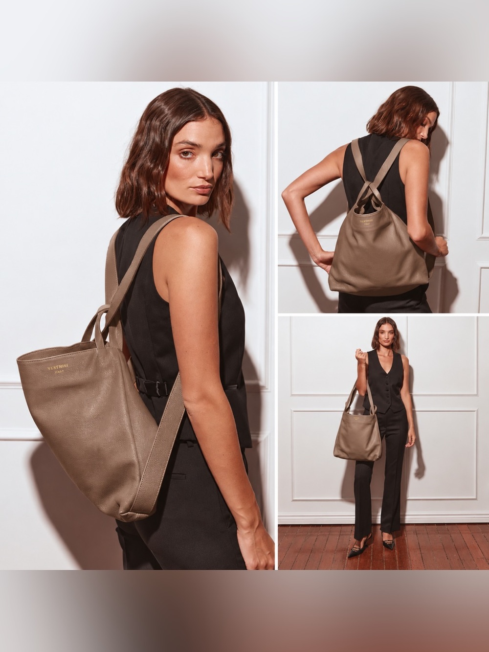 Vestirsi Bella 2-in-1 Convertible Backpack Tote Taupe Italian Leather Rare